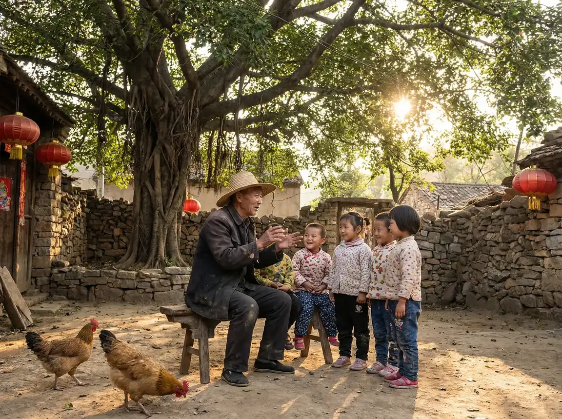 老人在大榕树下给孩子们讲故事 - 赞先生与找钱华 乡村记忆